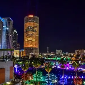 Pixel Rain Digital's projection-mapped treasure chest on Tampa's Rivergate Tower — alternate angle from the City of Tampa New Year's Eve 2019/2020 celebration